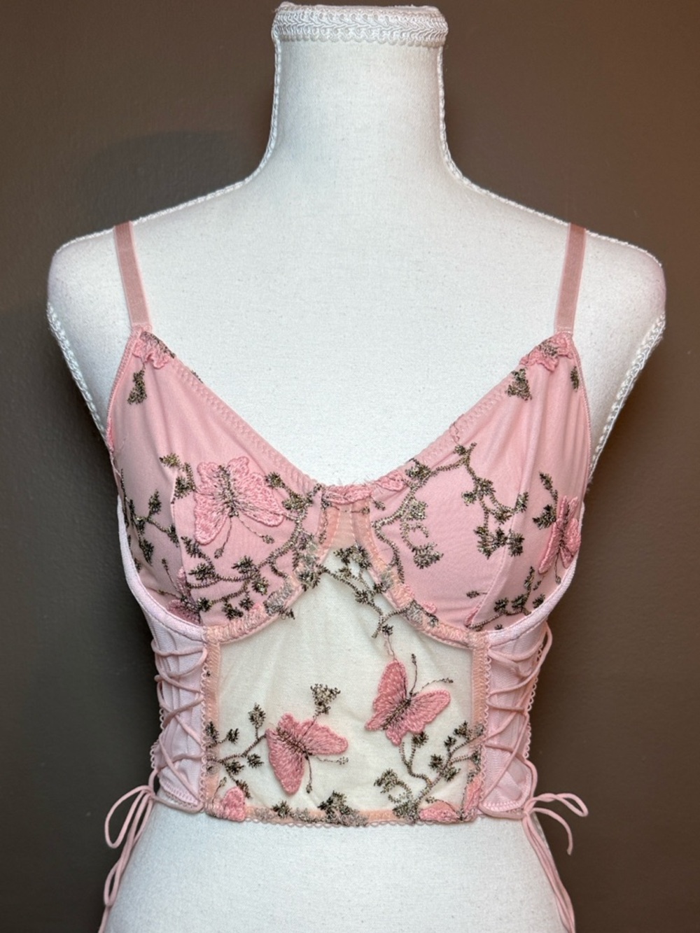 Fairycore Whimsical Pink Butterfly Corset Crop Top Lace Up Sheer Bustier Small